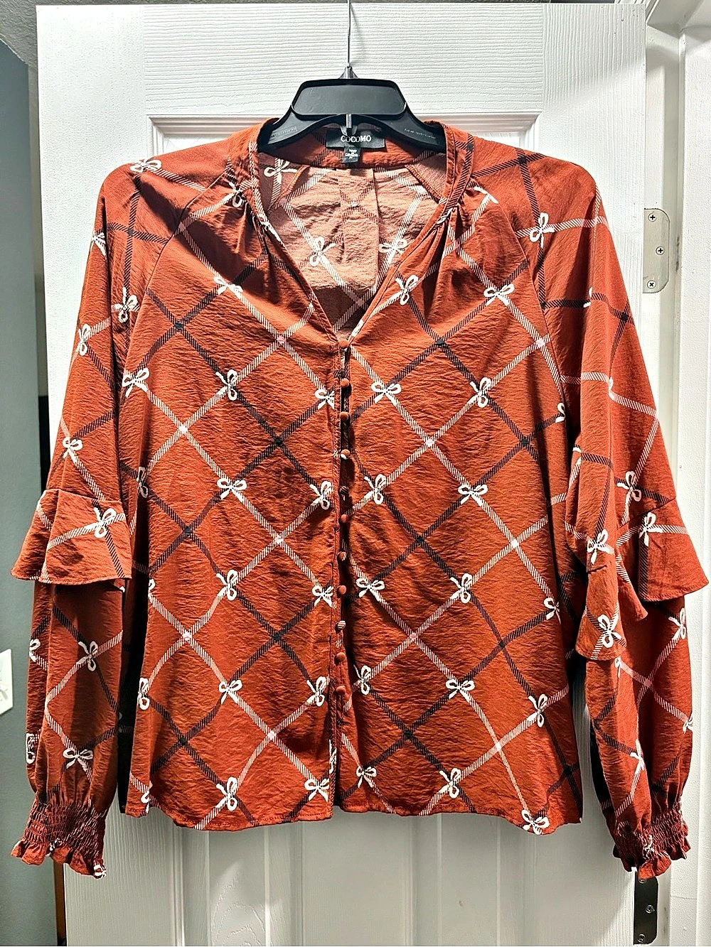 COCOMO Plaid Ruffle Sleeve Blouse in Orange & White Like New